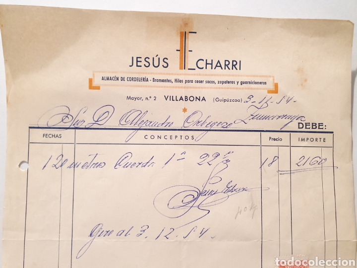Factures anciennes: JESUS ECHARRI. ALMACEN DE CORDELERIA. VILLABONA. FACTURA 1954.