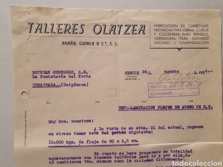 Factures anciennes: TALLERES OLATZEA. FABRICACION DE CARRETILLAS. ARBIZU. NAVARRA. FACTURA 1954.