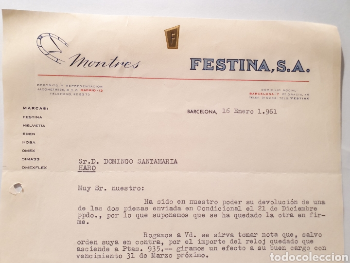 Factures anciennes: MONTRES, FESTINA S.A. BARCELONA. FACTURA 1961.