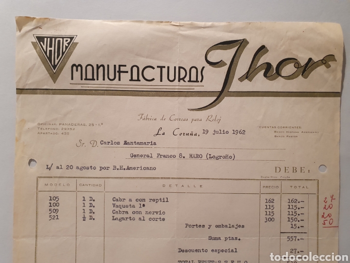 Factures anciennes: MANUFACTURAS JHOR. FABRICA CORREAS DE RELOJ. LA CORU&Ntilde;A. FACTURA 1962.