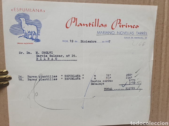 Factures anciennes: PLANTILLAS PIRINEO. VICH. MARIANO NOVELLAS TARRES. FACTURA 1957.