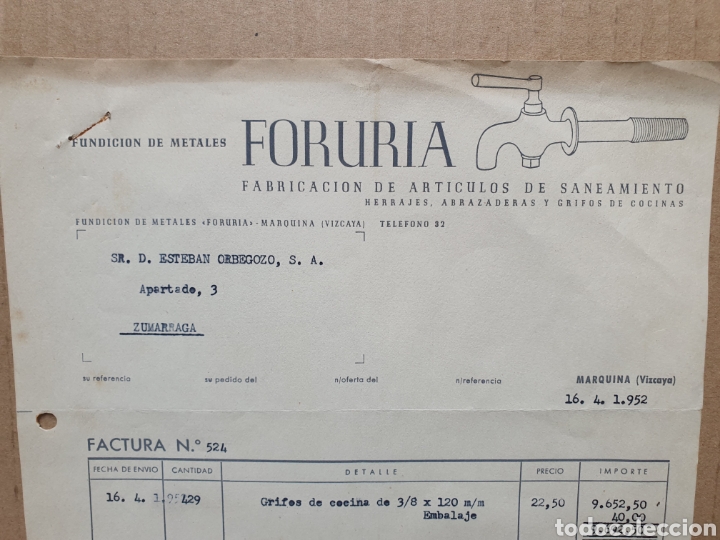 Factures anciennes: FORURIA. FUNDICION DE METALES. MARQUINA. VIZCAYA. FACTURA 1952.