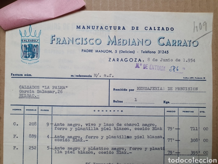 Factures anciennes: MANUFACTURA DEL CALZADO. FRANCISCO MEDIANO CARRATO. ZARAGOZA. FACTURA 1954. CALZADOS SALDUBA.