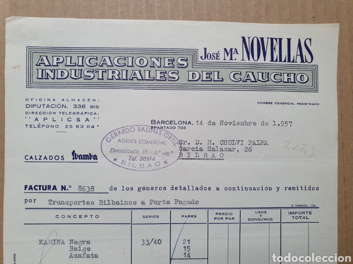 Factures anciennes: APLICACIONES INDUSTRIALES DEL CORCHO. JOSE MARIA NOVELLAS. BARCELONA. FACTURA 1957.