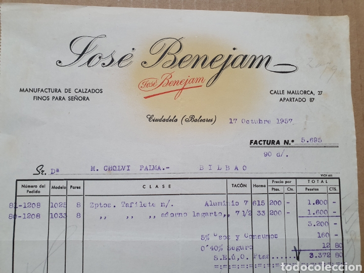 Factures anciennes: JOSE BENEJAM. CIUDADELA. BALEARES. MANUFACTURAS DE CALZADOS FINOS PARA SE&Ntilde;ORA. FACTURA 1957.