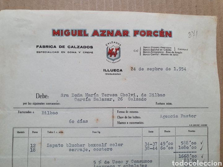 Factures anciennes: MANUEL AZNAR FORCEN. FABRICA DE CALZADOS. ILLUECA. ZARAGOZA. FACTURA 1954.