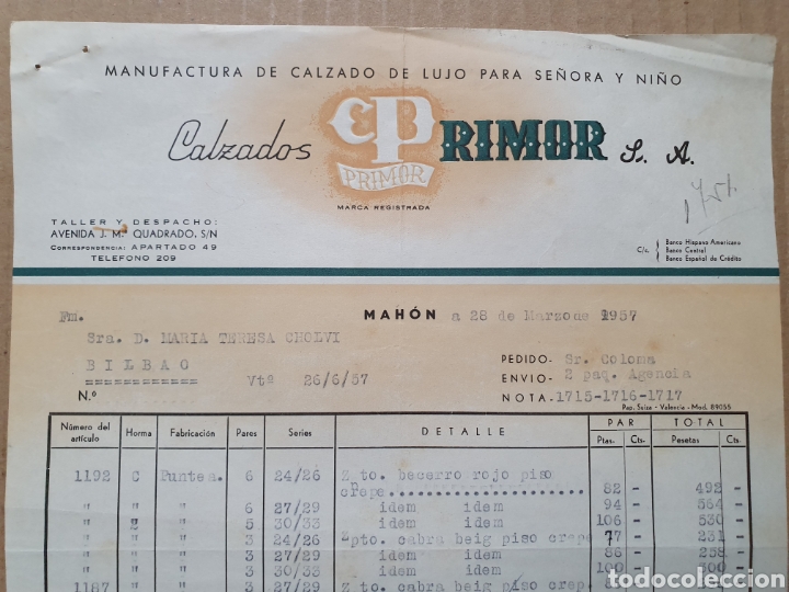 Factures anciennes: MANUFACTURAS CALZADO DE LUJO PARA SE&Ntilde;ORA Y NI&Ntilde;O. CALZADOS PRIMOR. MAHON. FACTURA 1957.