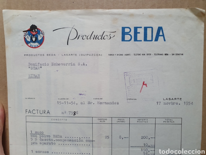 Factures anciennes: PRODUCTOS BEDA. LASARTE. GUIPUZCOA. FACTURA 1954.