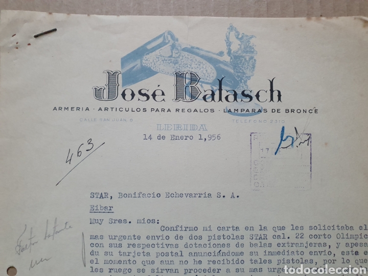 Factures anciennes: JOSE BALASCH. LERIDA. ARMERIA, LAMPARAS DE BRONCE. FACTURA 1956.