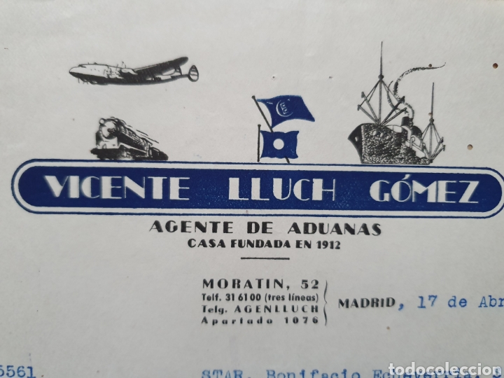 Factures anciennes: VICENTE LLUCH GOMEZ. AGENTE DE ADUANAS. MADRID. FACTURA 1951.