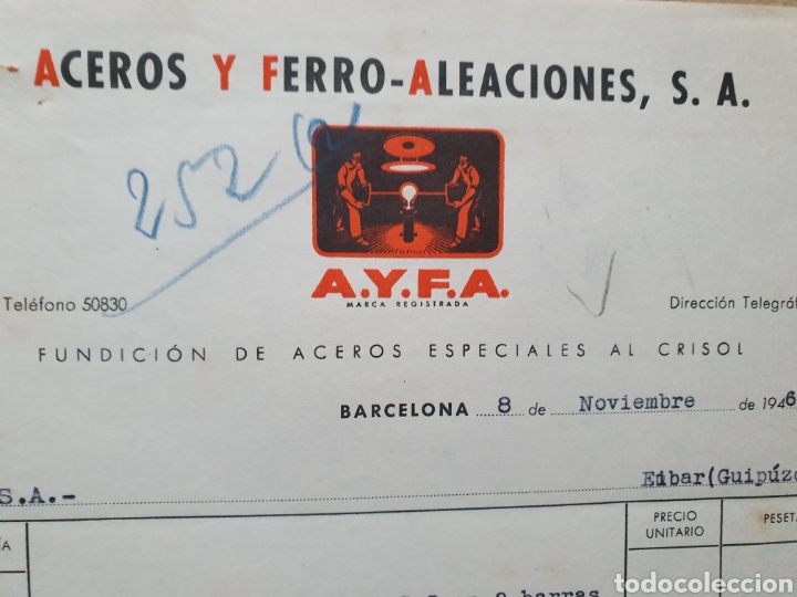 Factures anciennes: ACEROS Y FERRO ALEACIONES. BARCELONA. FACTURA 1946.