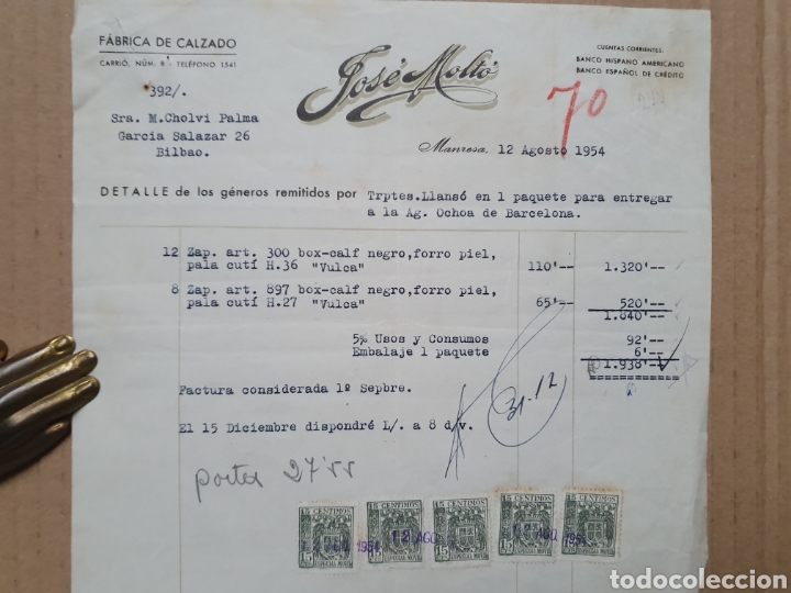 Factures anciennes: FABRICA DE CALZADO. JOSE MOLTO. MANRESA. FACTURA 1954.