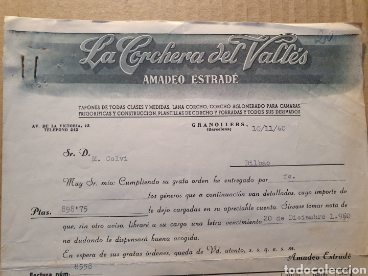 Factures anciennes: LA CORCHERA DEL VALLES. AMADEO ESTRADE. GRANOLLERS. FACTURA 1960.