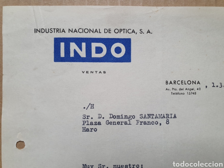 Factures anciennes: INDUSTRIA NACIONAL DE OPTICA. INDO. BARCELONA. FACTURA 1945.