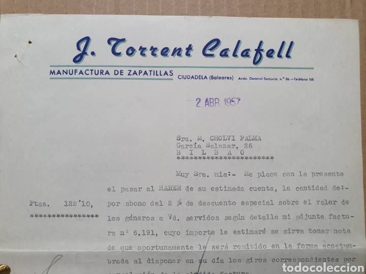 Factures anciennes: J. TORRENT CALAFELL. MANUFACTURAS DE ZAPATILLAS. CIUDADELA, BALEARES. FACTURA 1957.