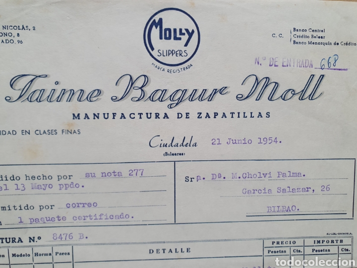 Factures anciennes: JAIME BAGUR MOLL. MANUFACTURA DE ZAPATILLAS. CIUDADELA. BALEARES. FACTURA 1954.