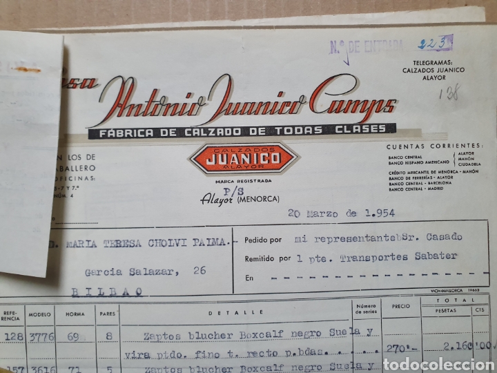 Factures anciennes: CASA ANTONIO JUANICO CAMPS. FABRICA DE CALZADO. ALAYOR. MENORCA. FACTURA 1954.