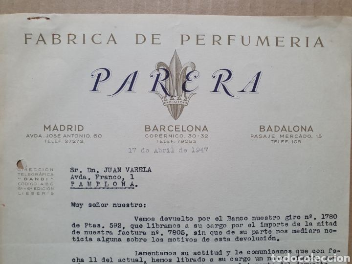 Factures anciennes: FABRICA DE PERFUMERIA PARERA. MADRID, BARCELONA, BADALONA. FACTURA 1947.