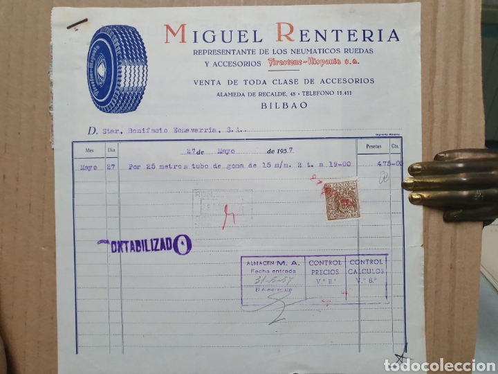 Factures anciennes: MIGUEL RENTERIA, FIRESTONE HISPANIA. BILBAO. FACTURA 1957.