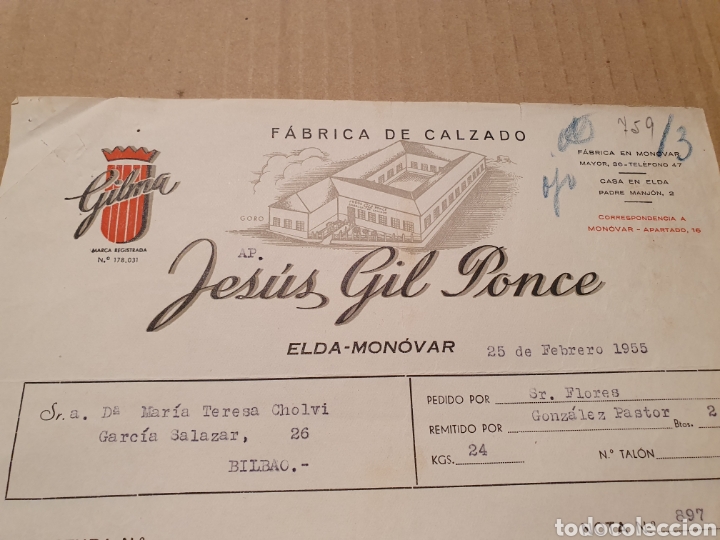 Factures anciennes: JESUS GIL PONCE. MONOVAR, ELDA. FABRICA DE CALZADOS. FACTURA 1955.
