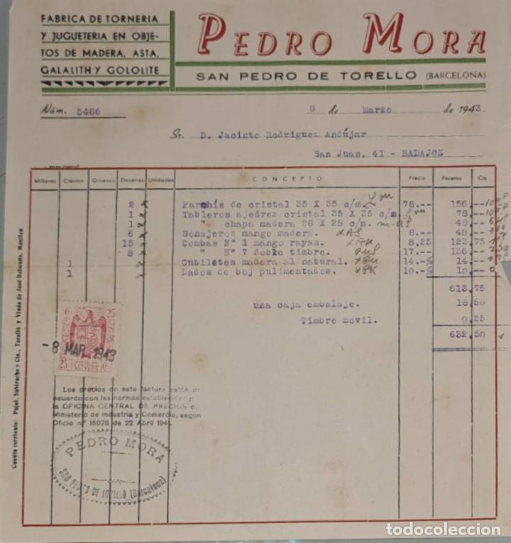 Faturas antigas: Factura. Pedro Mora. F&aacute;brica de torner&iacute;a y jugueter&iacute;a. Barcelona. Espa&ntilde;a 1943