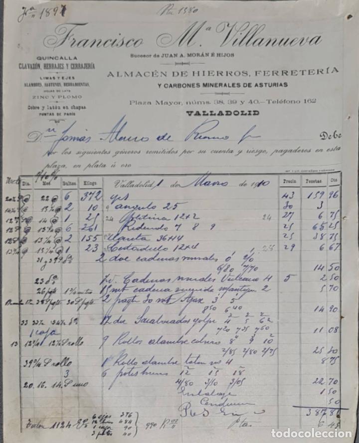 Old Invoices: Factura. Franc&iacute;sco M&ordf; Villanueva. Almac&eacute;n de hierros, cobre y Ferreter&iacute;a. Valladolid. Espa&ntilde;a 1910
