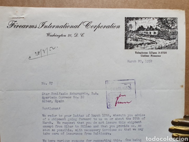 Facturas antiguas: FIREARMS INTERNATIONAL CORPORATION. WASHINGTON D.C. CARTA 1952.