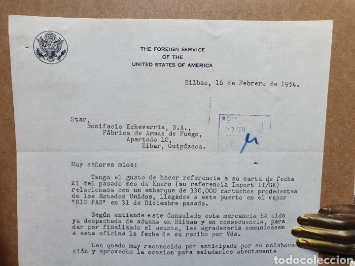 Facturas antiguas: THE FOREIGN SERVICE OF THE INITED STATES OF AMERICA. CARTA DEL C&Oacute;NSUL AMERICANO 1954.