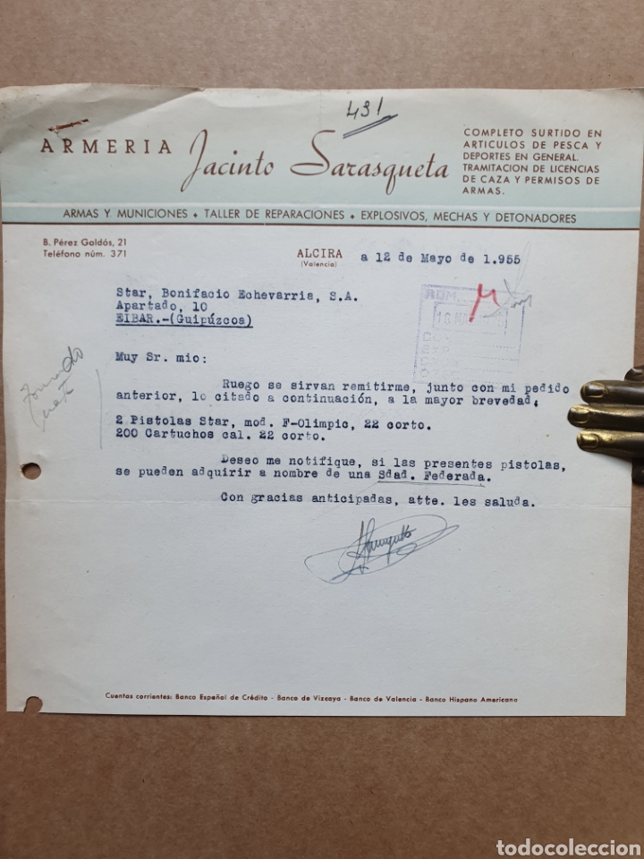 Facturas antiguas: ARMERIA JACINTO SARASQUETA. ALCIRA. VALENCIA. FACTURA 1955.