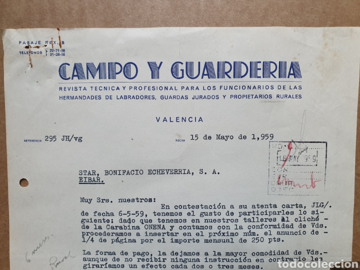 Facturas antiguas: CAMPO Y GUARDERIA. REVISTA TECNICA Y PROFESIONAL. VALENCIA. FACTURA 1959.