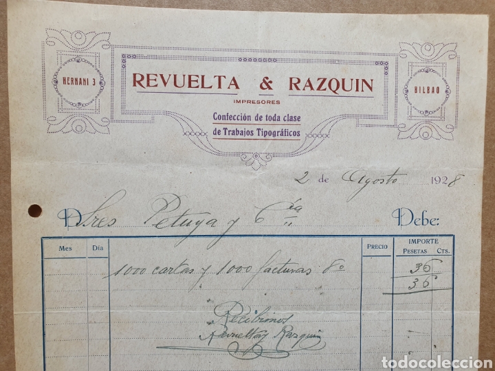 Facturas antiguas: REVUELTA Y RAZQUIN. IMPRESORES, TRABAJOS TIPOGRAFICOS. BILBAO. FACTURA 1928.