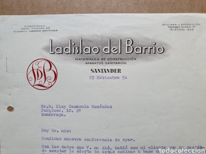 Facturas antiguas: LADISLAO DEL BARRIO. SANTANDER. FACTURA 1954.