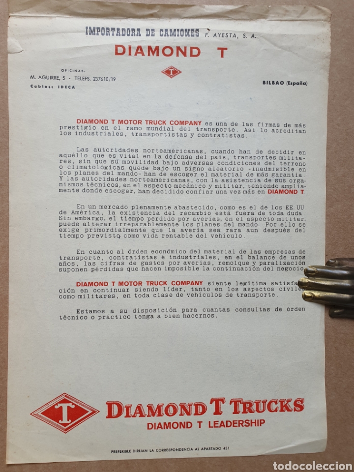 Facturas antiguas: DIAMOND T TRUCKS. IMPORTADORA DE CAMIONES. F. AYESTA. BILBAO. CARTA PUBLICITARIA A&Ntilde;OS 50.
