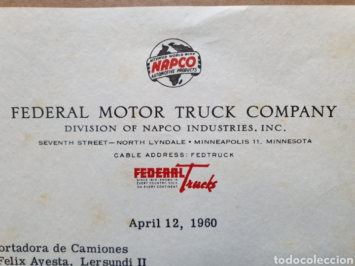 Facturas antiguas: FEDERAL MOTOR TRUCK COMPANY. NAPCO. FEDERAL TRUCKS. MINNESOTA. CARTA A&Ntilde;OS 60.