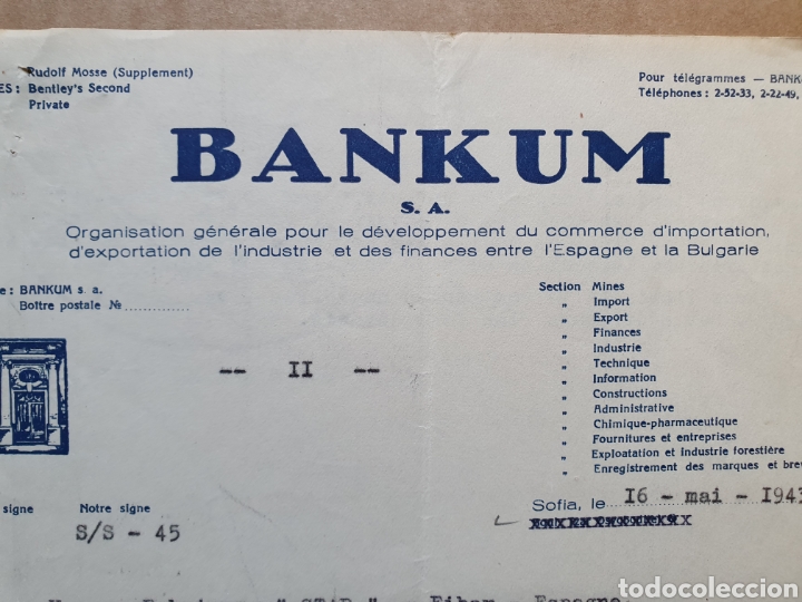 Facturas antiguas: BANKUM. ORGANIZACION COMERCIAL ENTRE ESPA&Ntilde;A Y BULGARIA. FACTURA 1943.