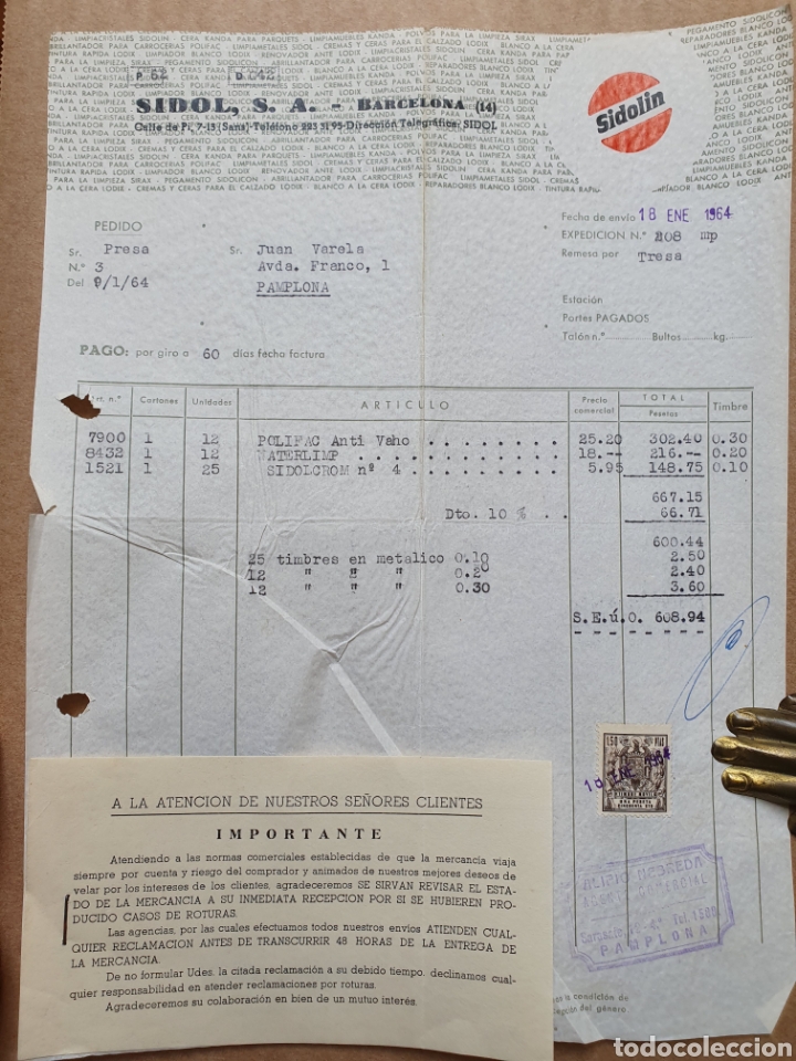 Facturas antiguas: SIDOL. S.A. SIDOLIN. BARCELONA. ANTIGUA FACTURA 1964.