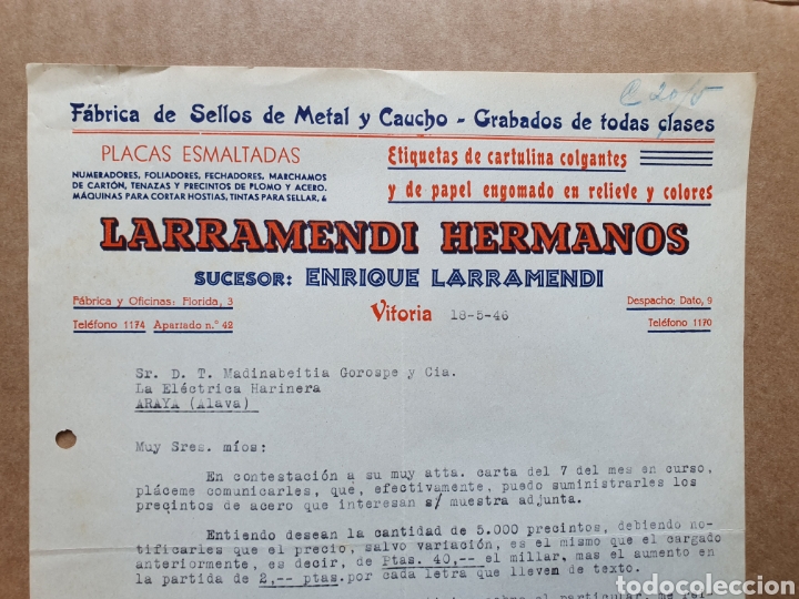 Facturas antiguas: LARRAMENDI HERMANOS. FABRICA SELLOS, PLACAS ESMALTADAS. VITORIA. FACTURA 1946.