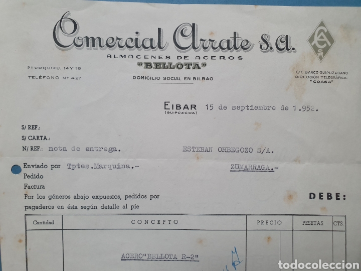 Facturas antiguas: COMERCIAL ARRATE. BELLOTA. EIBAR. FACTURA 1952. - Foto 2