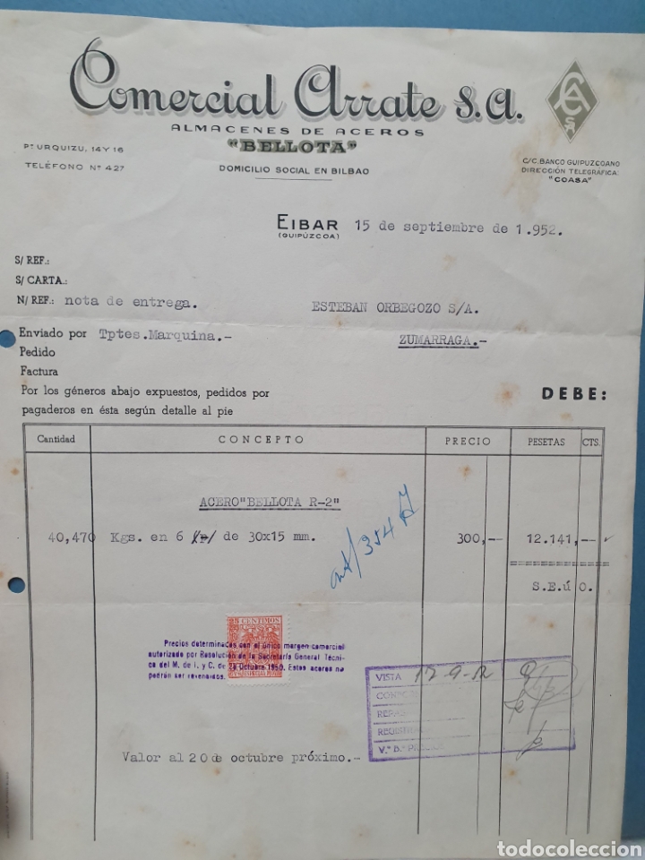 Facturas antiguas: COMERCIAL ARRATE. BELLOTA. EIBAR. FACTURA 1952. - Foto 1