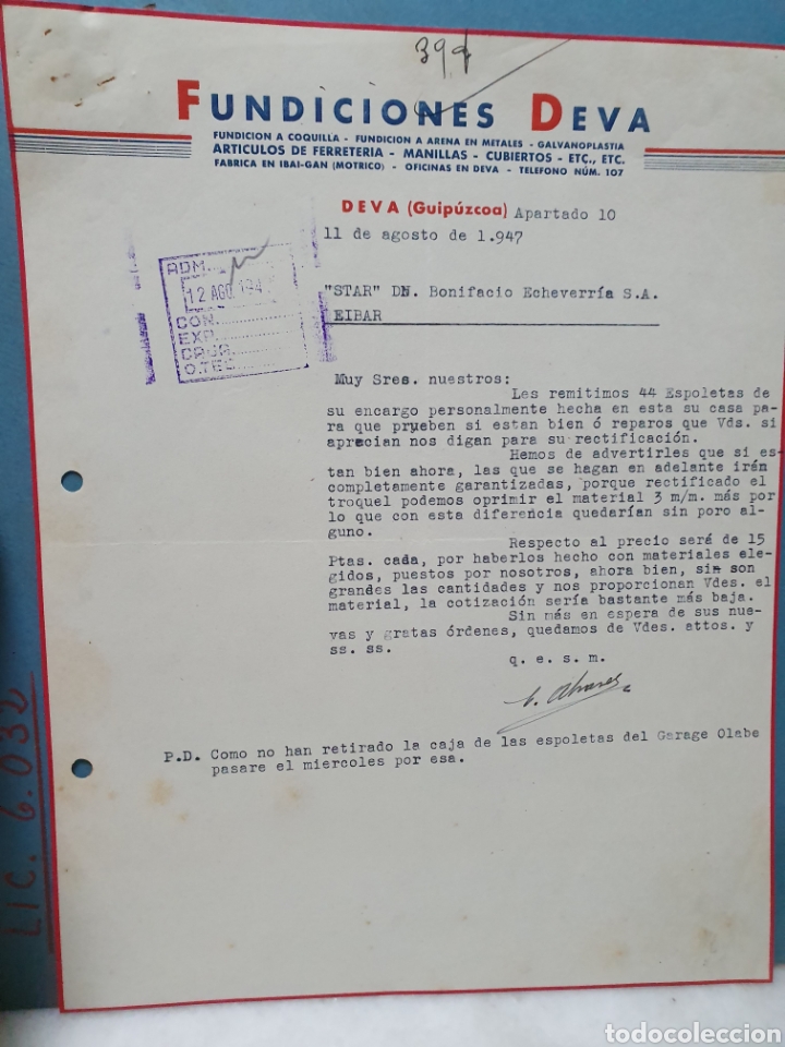 Facturas antiguas: FUNDICIONES DEVA. FUNDICIONES A COQUILLA. DEVA, GUIPUZCOA. FACTURA 1947. - Foto 1