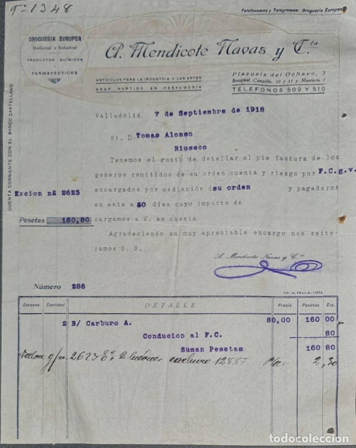 Alte Rechnungen: FActura. A. Mendicote Navas y C&iacute;a. Droguer&iacute;a Europea. Valladolid. Espa&ntilde;a 1918