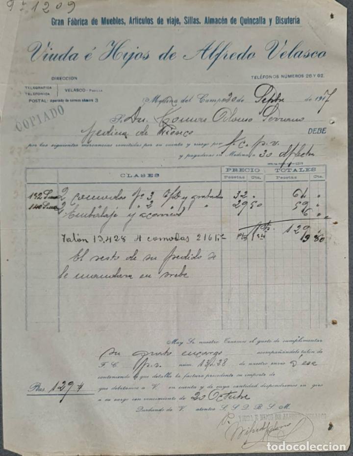 Alte Rechnungen: Factura. Viuda &eacute; Hijos de Alfredo Velasco. Gran f&aacute;brica de muebles. Medina del Campo. Espa&ntilde;a 1917