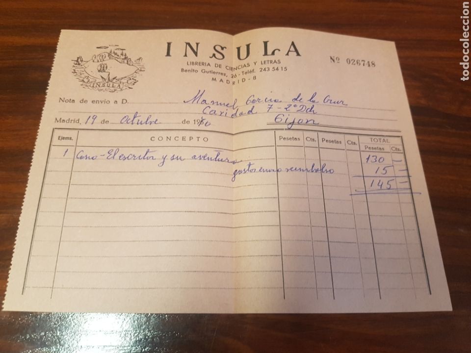 Old Invoices: FACTURA LIBRER&Iacute;A INSULA MADRID 1970