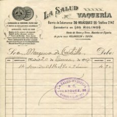 Facturas antiguas: MADRID- VAQUERIA ”LA SALUD” BARRIO DE SALAMANCA- FACTURA DE LA MARQUESA DE CASTRILLO- AÑO 1917- RARA