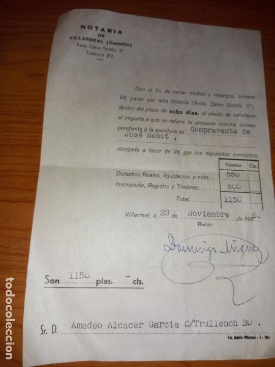 Facturas antiguas: RECIBI DE LA NOTARIA DE VILLARREAL DE 1966 - Foto 1
