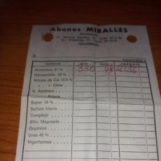 Facturas antiguas: FACTURA ALBARAN DE ABONOS MIRALLES DE VILLARREAL DE 1977. Lote 266328993
