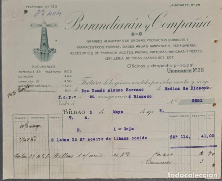 Faturas antigas: Barandiar&aacute;n y Compa&ntilde;&iacute;a. Grandes Almacenes de drogas y productos farmac&eacute;uticos. Bilbao. Espa&ntilde;a 1913