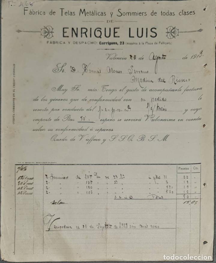 Facturas antiguas: Enrique Luis. F&aacute;brica de telas mec&aacute;nicas y Sommiers de todas clases. Valencia. Espa&ntilde;a 1913