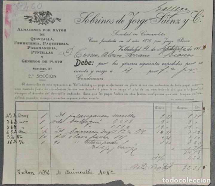 Facturas antiguas: Sobrinos de Jorge S&aacute;enz y C&ordf;. Almacenes por mayor de Quincalla y Ferreter&iacute;a. Valladolid. Espa&ntilde;a 1913