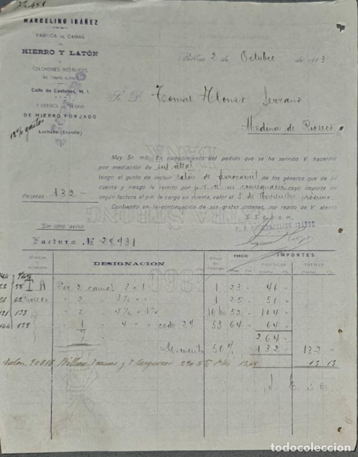 Facturas antiguas: MArcelino Ib&aacute;&ntilde;ez. F&aacute;brica de camas de hierro y lat&oacute;n. Bilbao. Espa&ntilde;a 1913